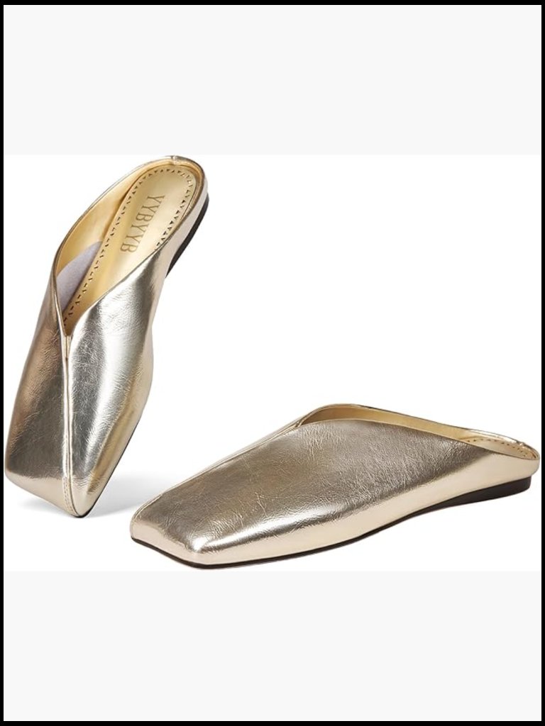 Gold Leather Mules Square Toe Slip On Backless Fashion Casual Flats Shoes